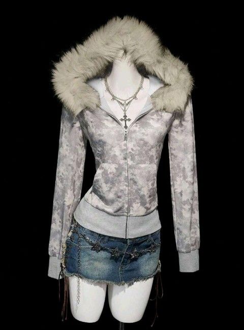 Women's Fitted Vintage Gothic Faux Fur Collar Camouflage Print Long Sleeve Hoodie Jacket, Slimming & Versatile, Autumn/Winter