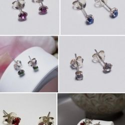 Cute Sterling Silver 4 Pairs Crystal Rhinestone Stud Earrings 