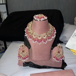 Gold and Pink Beaded statement Jewelry Set