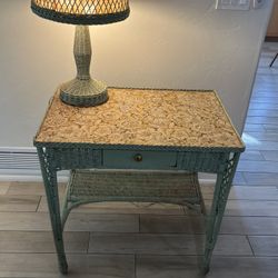 Antique Wicker Rattan Teal Desk & Matching Lamp