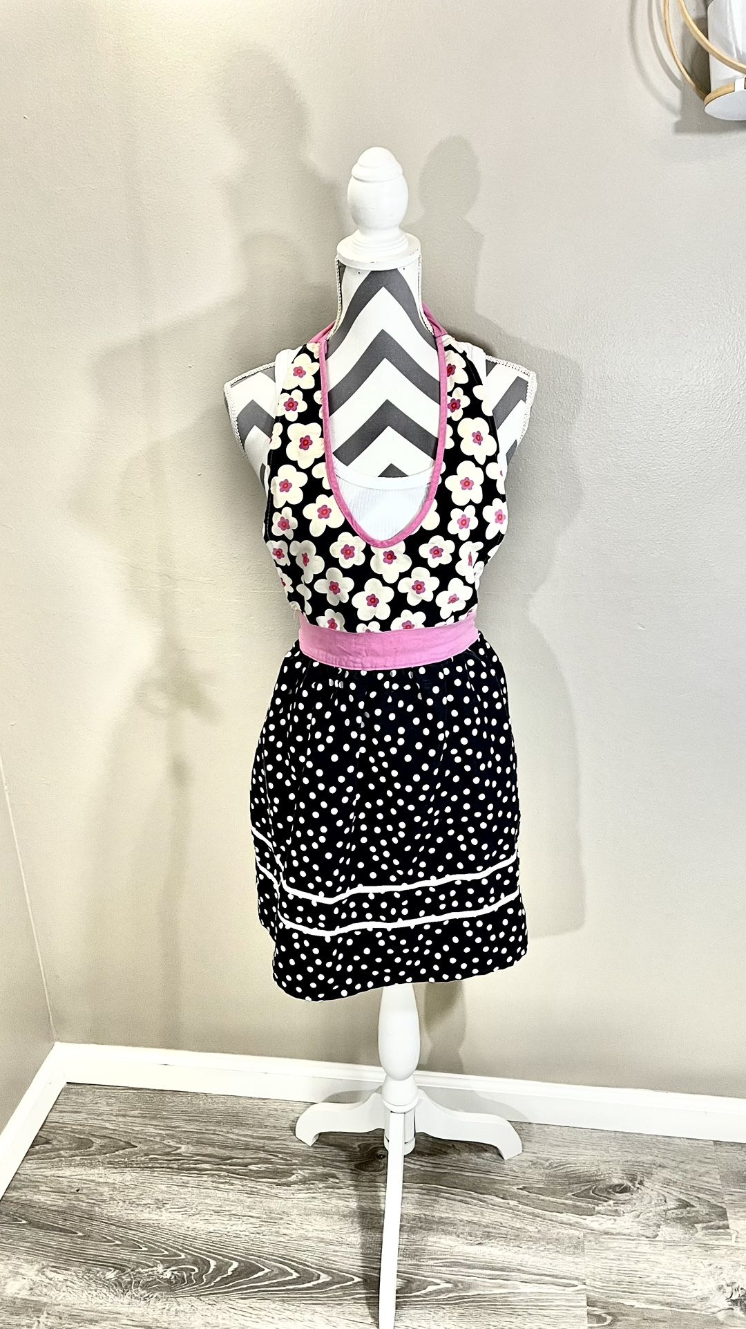 Black White Polka Dot Pink Flower Steampunk Rockabilly Kitchen 100% Cotton Apron