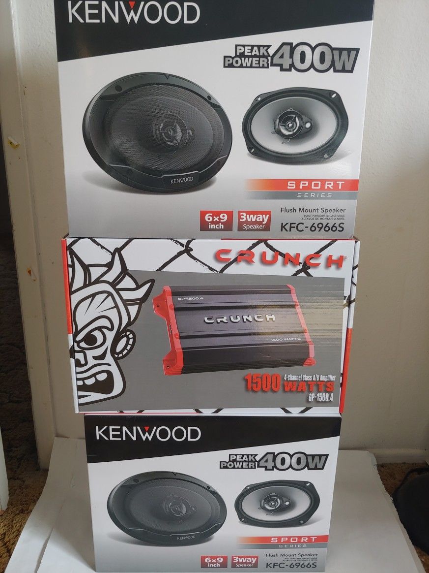 CRUNCH 1500 WATTS 4 CHANNEL BUILT IN CROSSOVER & KENWOOD 2 PAIRS 6×9 3 WAY 400 WATTS CAR SPEAKER ( BRAND NEW PRICE IS LOWEST INSTALL NOT AVAILABLE )