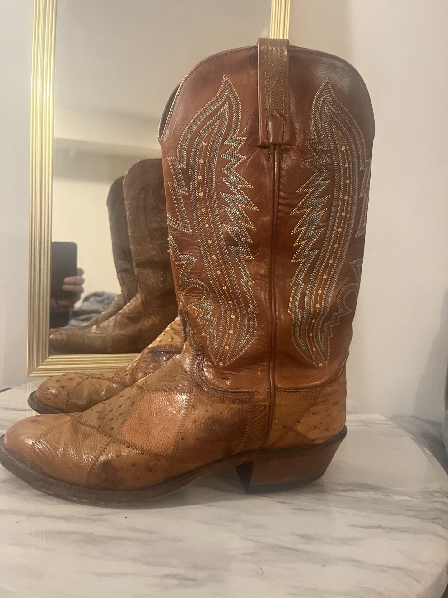 LUCCHESE MEN'S 1883 OSTRICH SKIN COGNAC WESTERN BOOTS - Size 10 E With teal