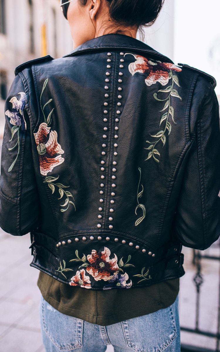 Black Vegan Leather Floral Embroidered Jacket XS