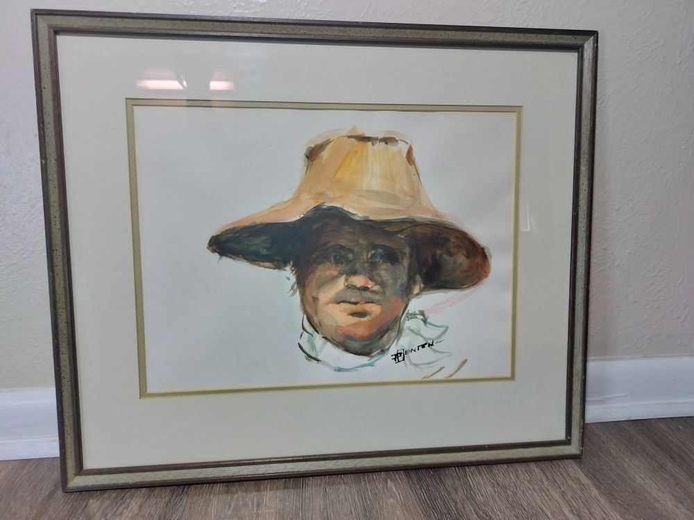 Watercolor Painting Man in Straw by Denton, Signed 