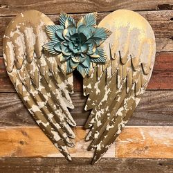 Lovely Distressed Gold Metal Angel Wing Wall Art Decor with Pretty Metal Turquoise Flower Accent