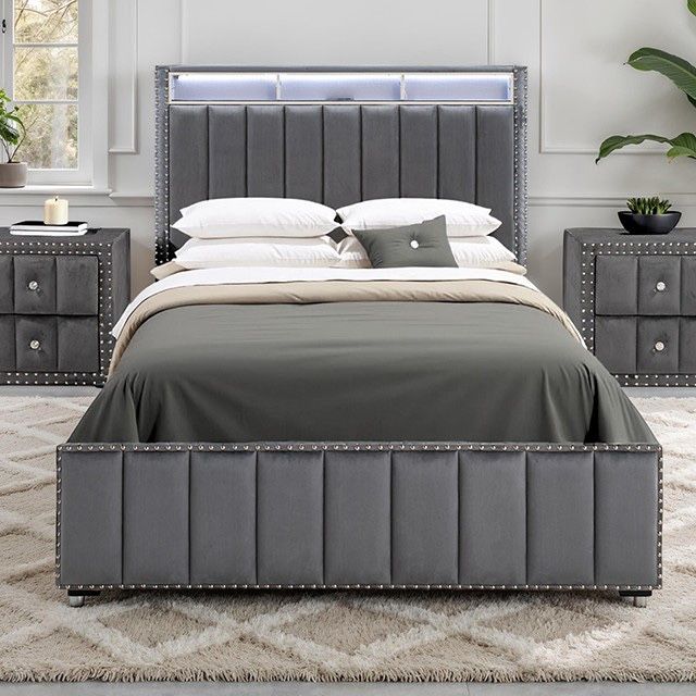 Full $280 Queen $300 Grey Velvet  Nailhead Trim Mattress Ready LED Lights Nightstand Sold Separately $190