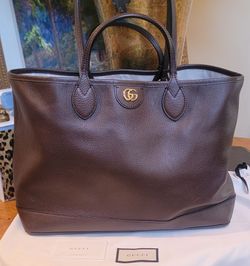 New Gucci Ophidia Brown Leather Open Tote Top Handle & Shoulder Straps Gold GG