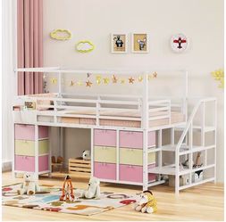 Y299-Twin-Size Low Loft Bed (with 9 Storage Drawers) — Featuring a Staircase and Headboard Storage, White Metal Children's Loft Bed; Equipped with Dua