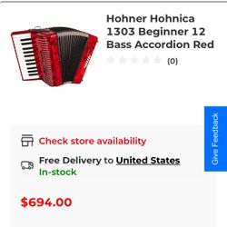  Hohner Hohnica 1303 Beginner 12 Bass Accordion Red