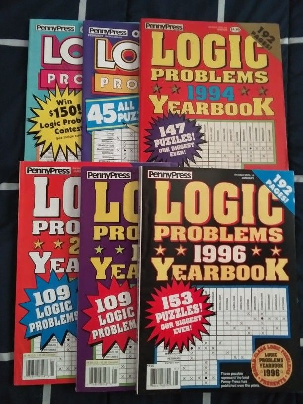 Set/Lot Of 6 New Vintage 90s & 2000 Penny Press Original Logic Problems Puzzles Books & Yearbooks