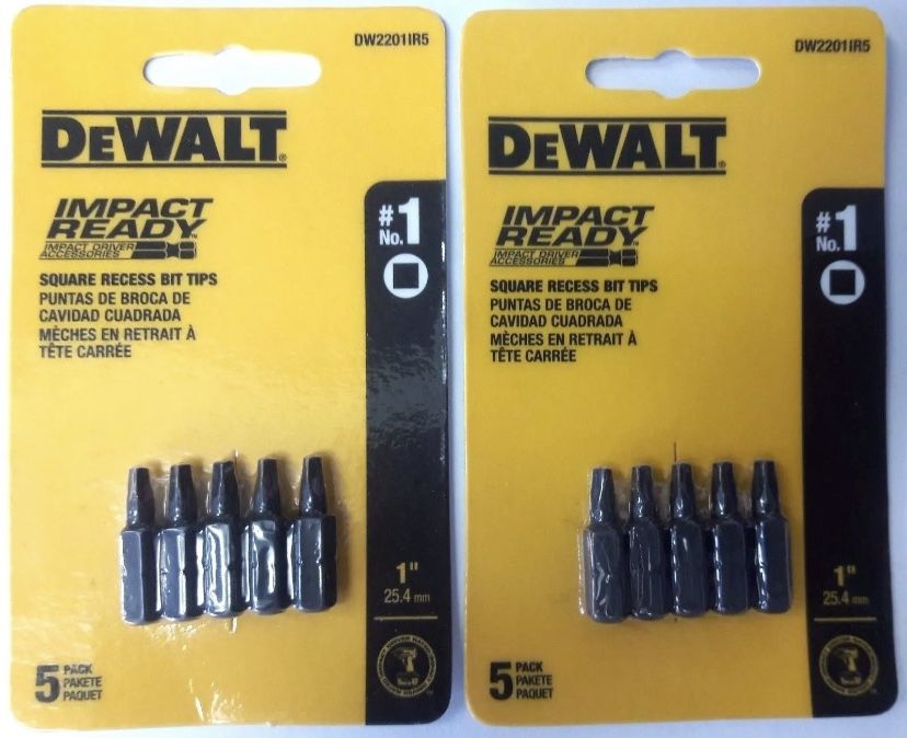 Two 5 Packs of Dewalt DW2201IR5 #1 Square Impact Ready Drive Bits