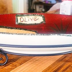 Parini Ceramic oval serving dish bowl metal stand A Taste of Tuscany Vino Olive

B/O