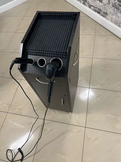 Hair drying stand with storage and side shelf
