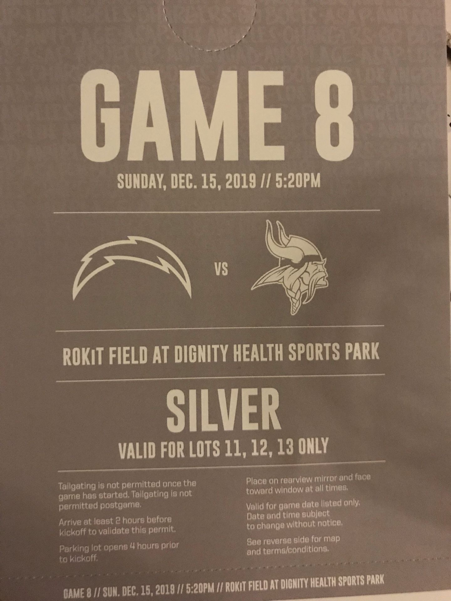 Silver Parking Pass - Minnesota Vikings Los Angeles Chargers