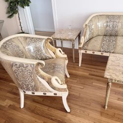 6 pieces formal living room set, couch, loveseat, chair plus coffee table and two side tables with marble tops. Excellent condition 