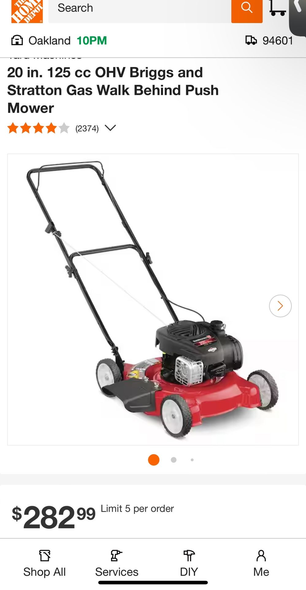 OHV Briggs and Stratton Gas Walk Behind Push Mower  20 in. 125 cc