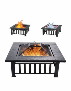 R4) 32 inch Square Outdoor Fire Pit Table with Spark Screen Wood Burning Fire Pit with Fire Poker, 3-in-1 Multipurpose Firepits for Outside, Fireplace
