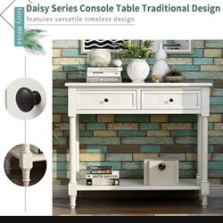 Daisy Series Console Table Traditional Design with Two Drawers and Bottom Shelf (Ivory White)