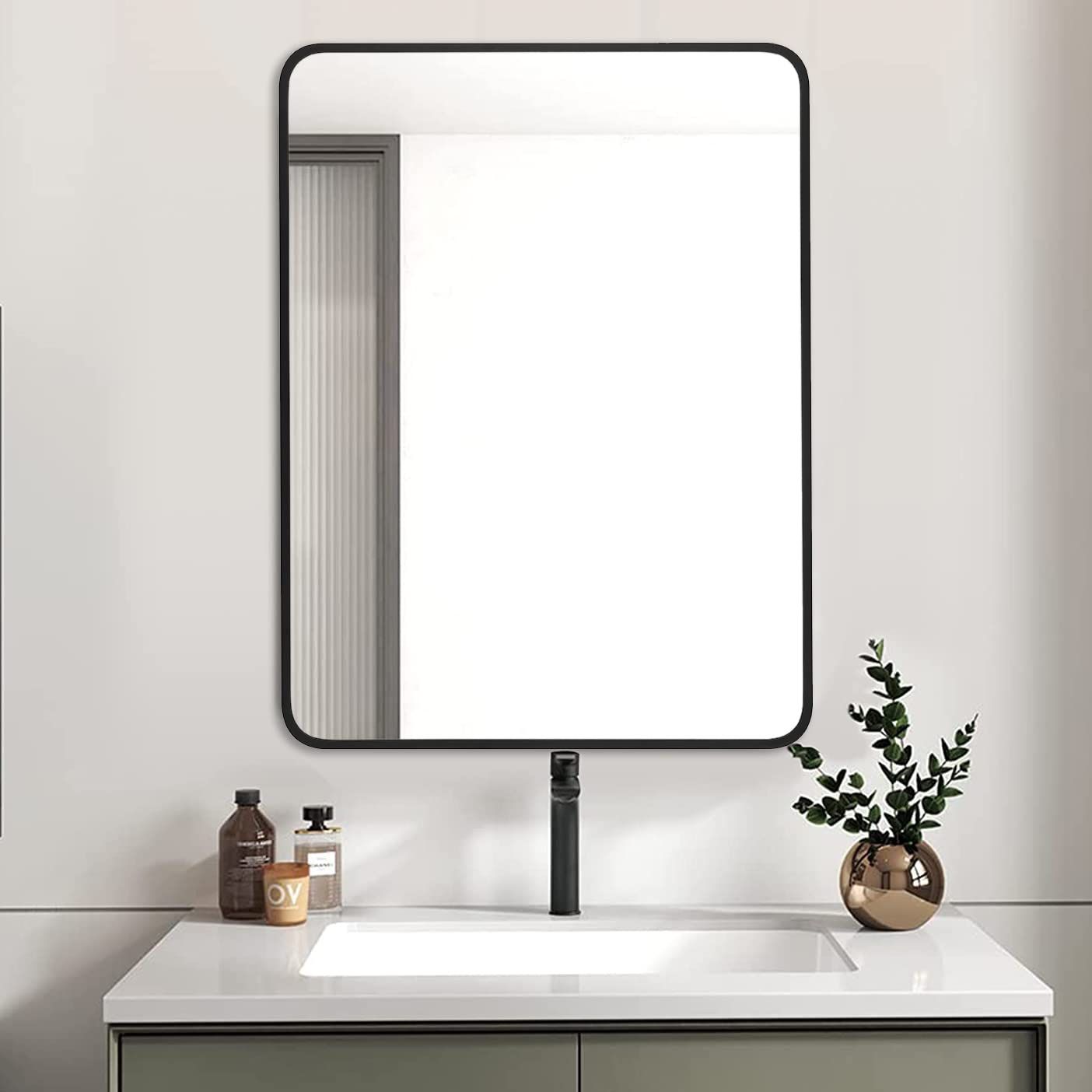 9884 LEDLUX 24"X32" Bathroom Wall Mirror With Matte Black Metal Frame & HD Glass, Copper-Free Mirrors Modern Rectangle Round Corner Framed Vanity Mirr