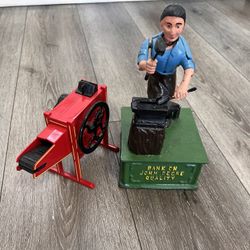 Vintage toys ERTL  Metal Corn Sheller and Bank John Deere  cast iron mechanical blacksmith w/ anvil coin bank both for 20 doll