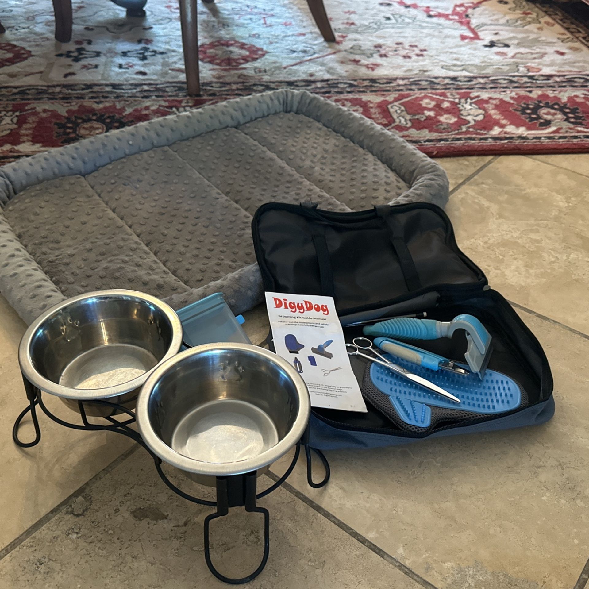 Dog Bowls With Stand, Crate Mat, Grooming Kit For Medium Sized Dog