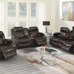 Brand New Super Plush Brown Leather Power Reclining 3pc Sofa Set