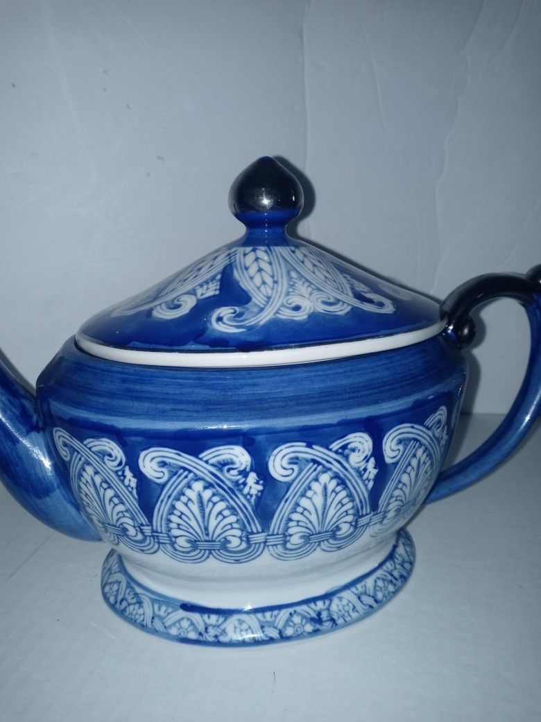 Vintage Blue And White And Silver Teapot