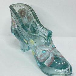 Fenton Art Glass Aquamarine Transparent Blue  Painted Slipper 702
