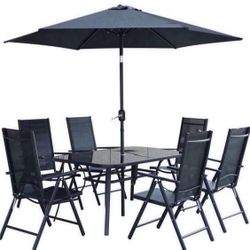 8-Piece Outdoor Patio Dining Set with Tilting Umbrella, Glass Table, & Folding Chairs