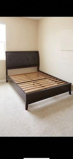 Dark Brown Tufted Queen Bed Frame w/ Wooden Slats