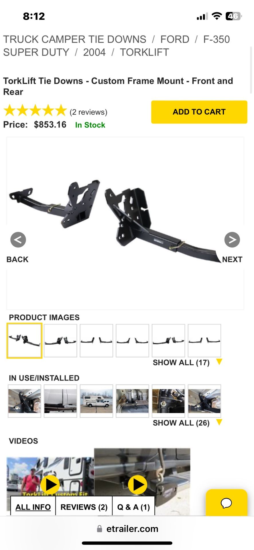 Torklift Truck Camper Tie Down System Part TL38PR