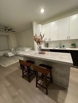 72” Japandi Kitchen Island w/ Storage & LED – Concrete Gray – Retail $1,100+