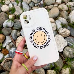 iPhone 13 Good Things Are Coming Beige Black Yellow Happy Face IPhone 13 Base Model Phone Case Daisy