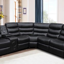 3PC Black Leather Sectional W/Speakers