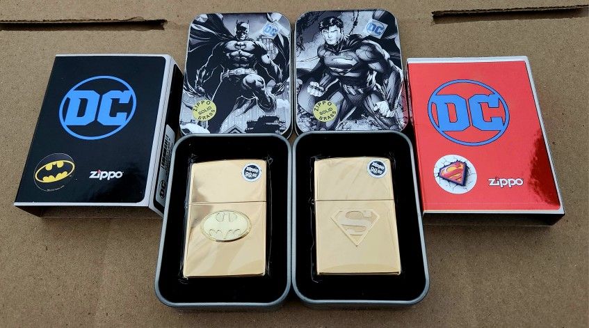 ZIPPO, DC COMICS BATMAN / SUPERMAN SHIELD SOLID BRASS SET.