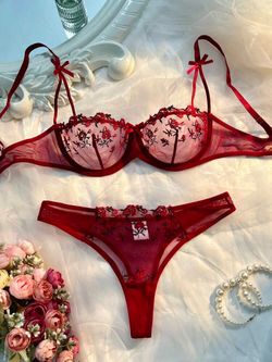 Red Floral Embroidered Lingerie Set
