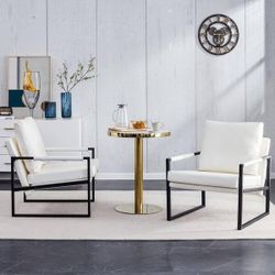 Set Of 2 - White PU Leather Modern Armchairs w/ Metal Frame [NEW IN BOX] **Retails for $300