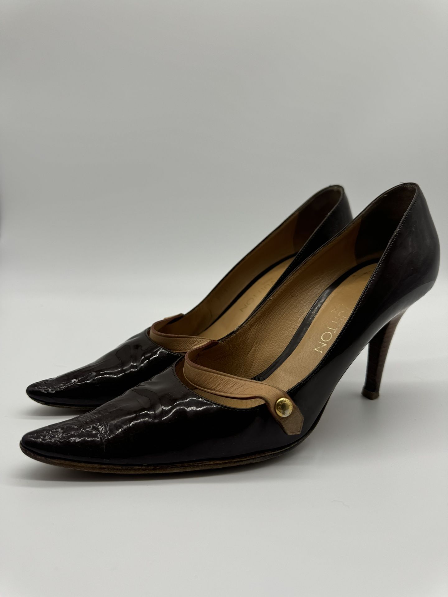 Louis Vuitton LV Brown Patent Gina Pointed Toe Leather Pumps Size EU 36.5 US 6.5