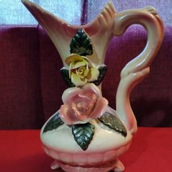 Vintage Unsigned Jug Shape Raised Flowers Shiny Footed Vase With Handle