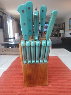 Beautiful Pioneer Woman Teal Blue Knife Set With Block 