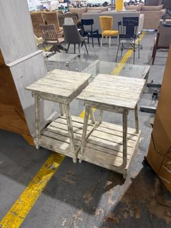 Set of 2 Distressed Wood Side Tables with Bottom Shelf