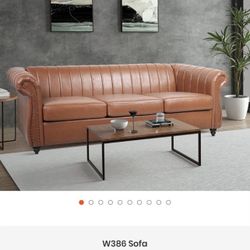 84 in Wide Round Arm Faux Leather Chesterfield Straight Sofa in Brown