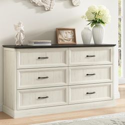 Farmhouse 6 Drawer Dresser for Bedroom, 55 Inch Wide Modern White Dresser TV Stand with Large Drawers & Bar Handles, Rustic Wood Chest of Drawers for 