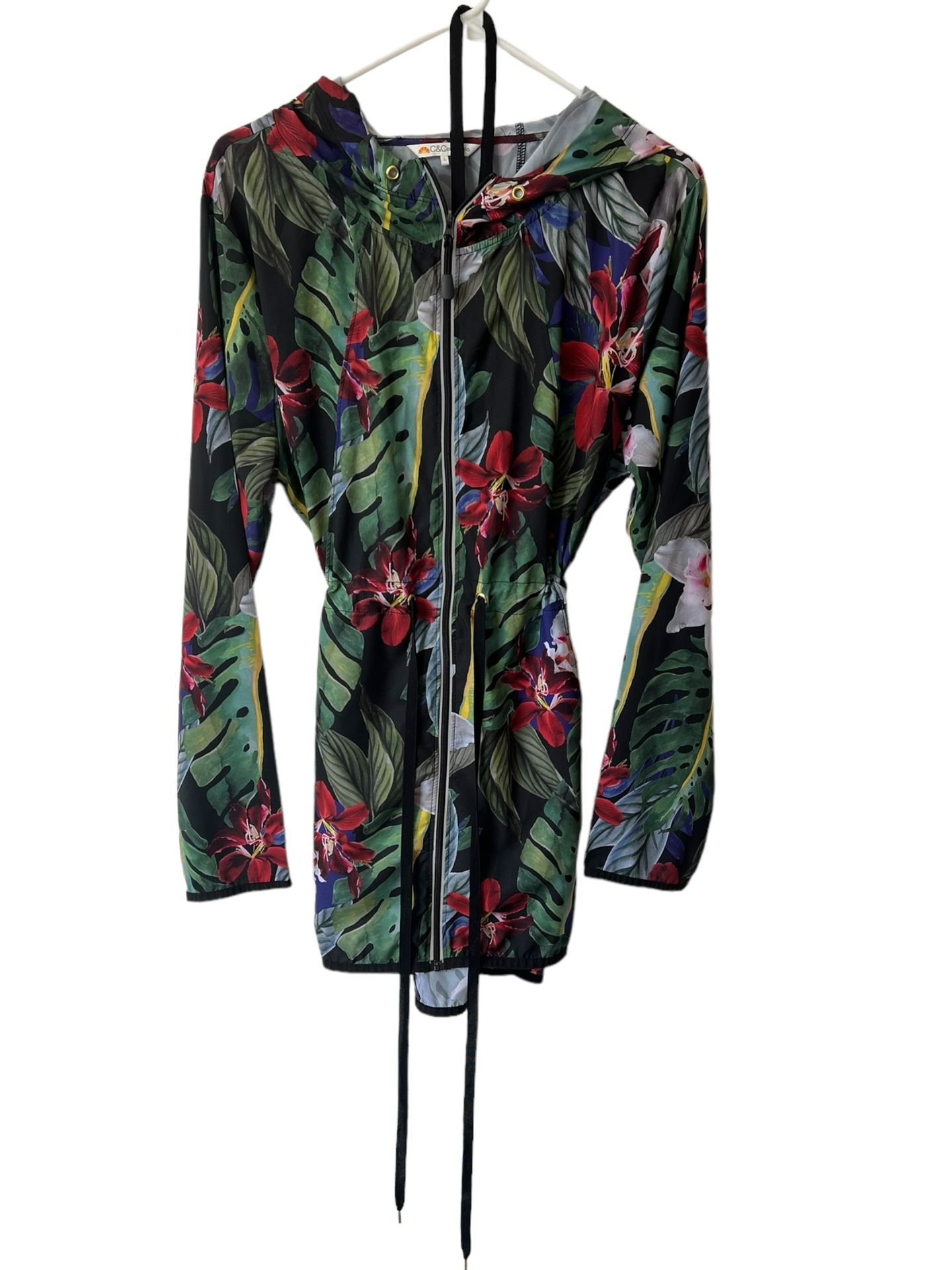 C&C California Lightweight Floral Tropical Active Long Jacket Large Zip Comes from a pet and smoke free home. Measurements are in the pictures. Thi
