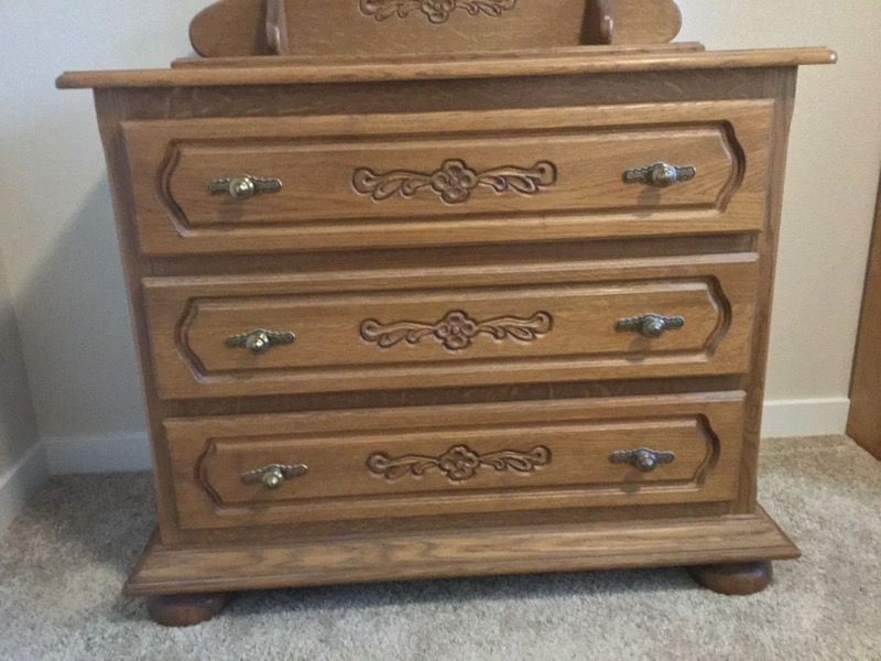 Solid French Oak dressers $200 each, Queen bed frame $150 mirror $75 or set for $600