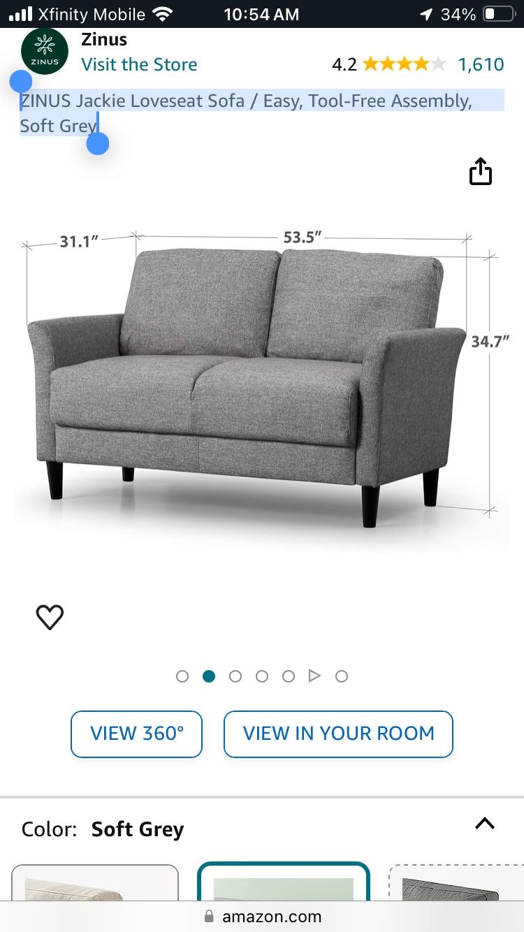 ZINUS Jackie Loveseat Sofa