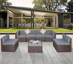 Assembled New 7 Pieces Outdoor Patio Furniture Sets PE Rattan Wicker Brown Wicker Gray Cushion