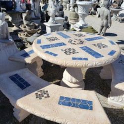 Concrete Mosaic Picnic Table with 3 Benches/ Outdoor Patio Furniture