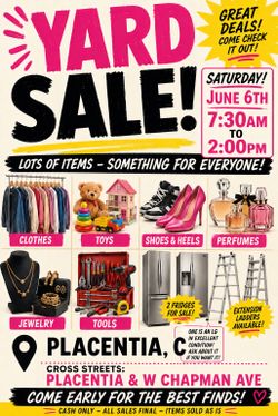 HUGE YARD SALE SATURDAY JUNE 6TH – Clothes, Toys, Tools, Jewelry, Perfumes, 2 Fridges & More!